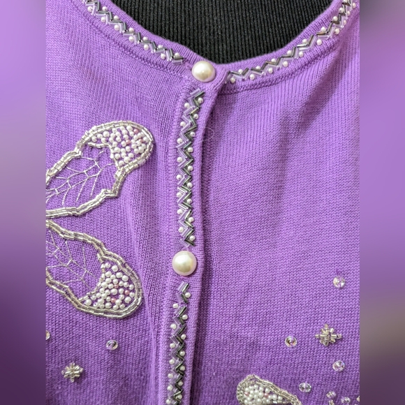 Beaded Dragonfly Embellished Purple Cardigan Sweater 1X - Picture 5 of 13